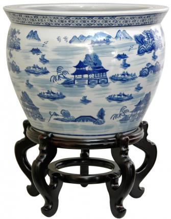 12" Landscape Blue & White Porcelain Fishbowl