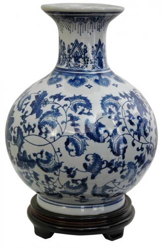 12" Floral Blue & White Porcelain Vase