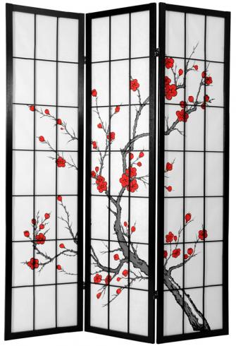 6 ft. Tall Cherry Blossom Shoji Screen - Black - 3 Panels