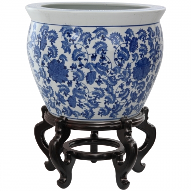 14" Floral Blue & White Porcelain Fishbowl