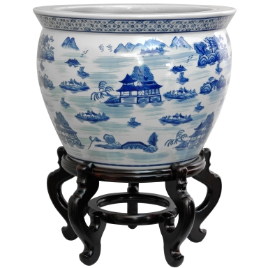 16" Landscape Blue & White Porcelain Fishbowl