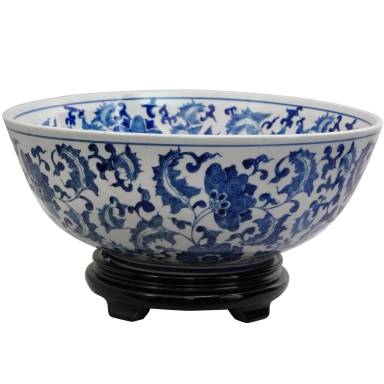 14" Floral Blue & White Porcelain Bowl