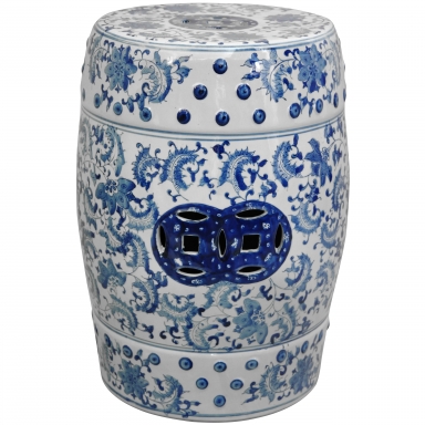 18" Floral Blue & White Porcelain Garden Stool