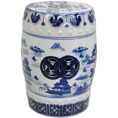 18" Landscape Blue & White Porcelain Garden Stool