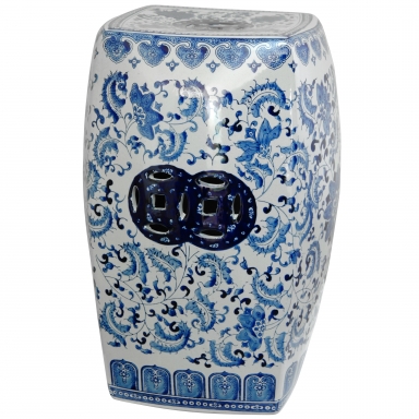 18" Square Floral Blue & White Porcelain Garden Stool
