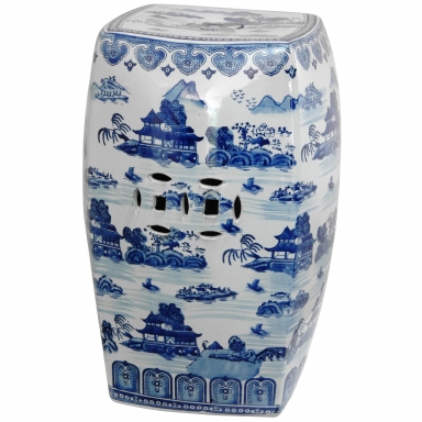 18" Square Landscape Blue & White Porcelain Garden Stool