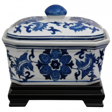 8" Floral Blue & White Porcelain Covered Jar
