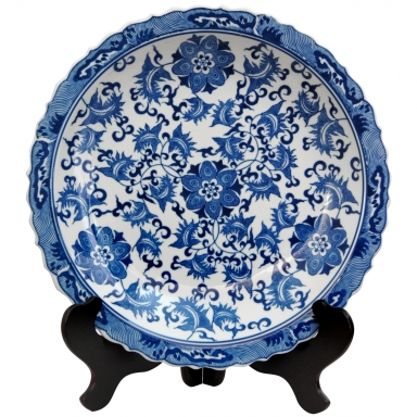 14" Floral Blue & White Porcelain Plate
