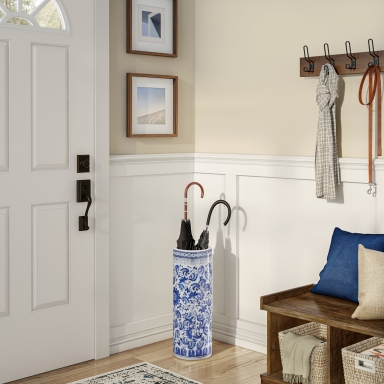 24" Floral Blue & White Porcelain Umbrella Stand