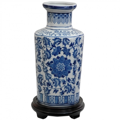 12" Floral Blue & White Porcelain Vase