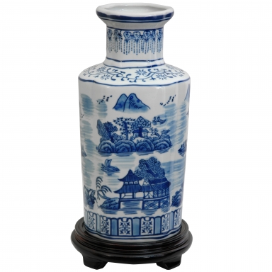 12" Landscape Blue & White Porcelain Vase