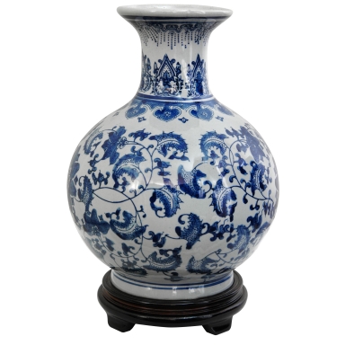 12" Floral Blue & White Porcelain Vase