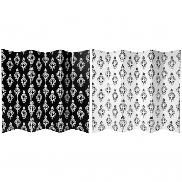 6 ft. Tall Double Sided Black and White Damask Canvas Room Divider 6 Panel