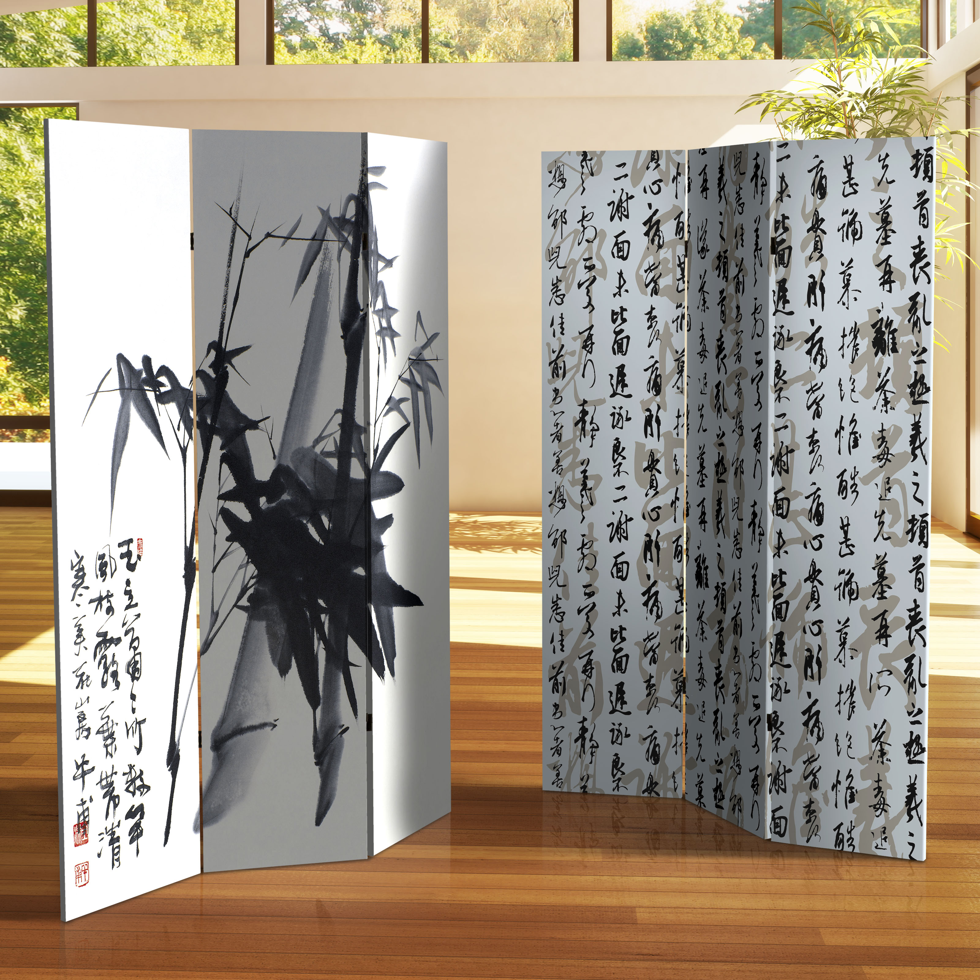 Calligraphy Divider Tree Red Lantern: 6 ft. Tall Double Sided Bamboo Calligraphy Canvas Room Divider