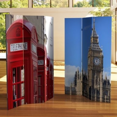 6 ft. Tall Double Sided London Room Divider - Big Ben/Phone Booths