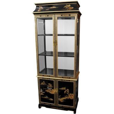 Ming Pagoda Top Curio Cabinet w/ Hand Painted Oriental Landscape