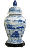 18" Landscape Blue & White Porcelain Temple Jar