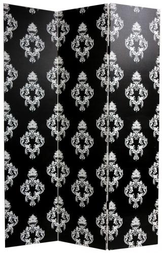 6 ft. Tall Double Sided Black and White Damask Canvas Room Divider